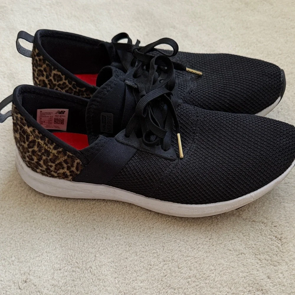 New Balance women’s Fuelcore Nergize Black Knit Lace-Up Sneakers leopard heels